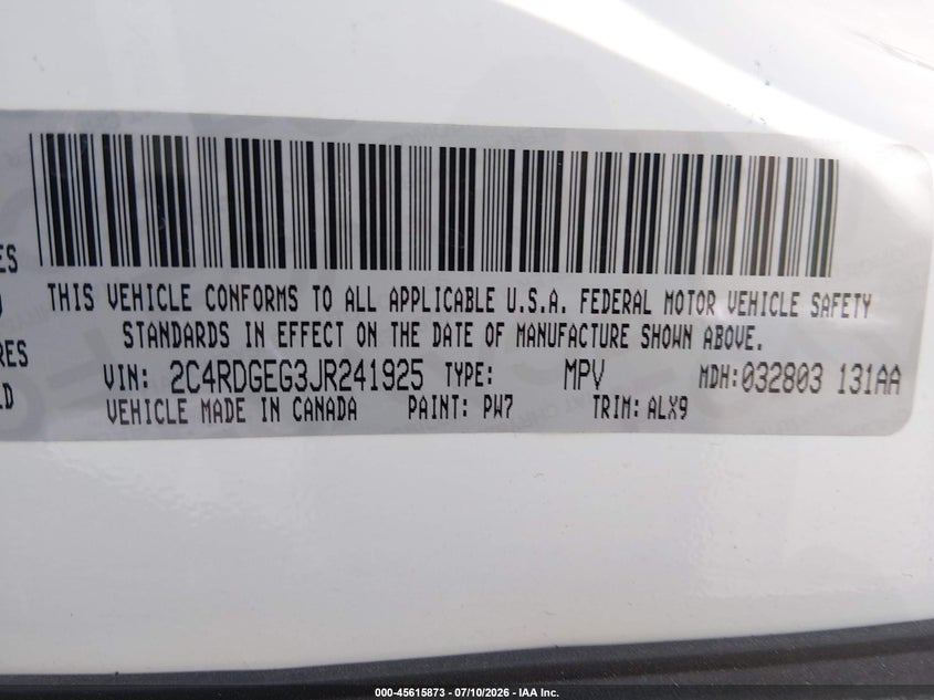 2018 Dodge Caravan VIN 2C4RDGEG3JR241925 IAAI salvage auction — NORMAL WEAR, Salvage Title, sold $1,150 on 2026-07-24 (photo 9)