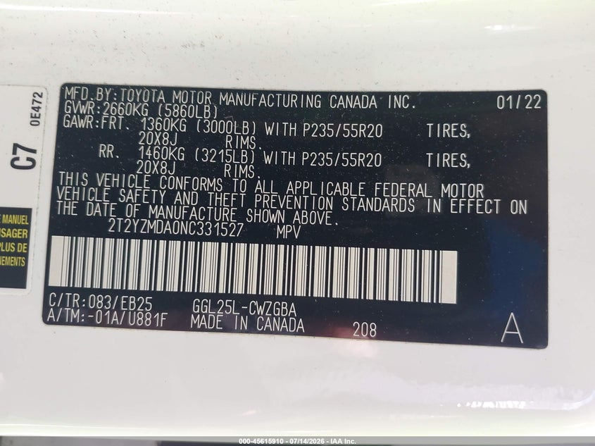 2022 Lexus Rx VIN 2T2YZMDA0NC331527 IAAI salvage auction — FRONT END, Salvage Title, sold $24,000 on 2026-08-01 (photo 9)
