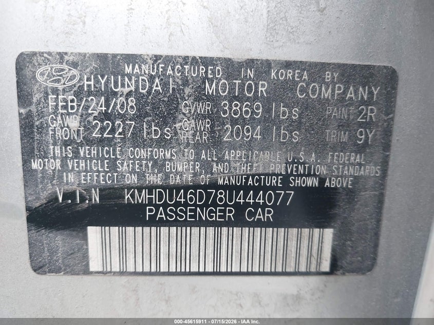 2008 Hyundai Elantra VIN KMHDU46D78U444077 IAAI salvage auction — NORMAL WEAR, Clear, sold $25 on 2026-07-20 (photo 9)