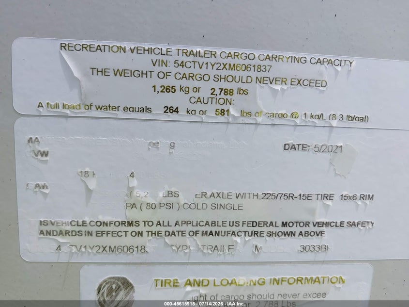 2021 Winnebago Voyage VIN 54CTV1Y2XM6061837 IAAI salvage auction — WATER/FLOOD, Certificate Of Destruction (Florida), sold $8,500 on 2026-08-12 (photo 9)