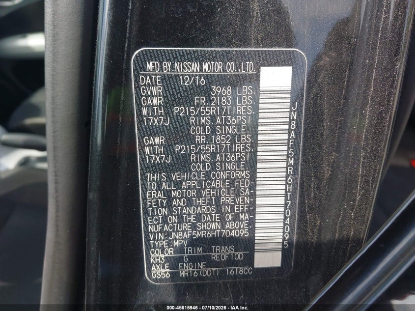 2017 Nissan Juke VIN JN8AF5MR6HT704095 IAAI salvage auction — NORMAL WEAR, Clear (Tennessee), sold $1,625 on 2026-07-30 (photo 9)