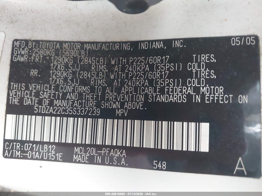 2005 Toyota Sienna VIN 5TDZA22C35S337239 IAAI salvage auction — NORMAL WEAR, Clear (Tennessee), sold $550 on 2026-07-30 (photo 9)