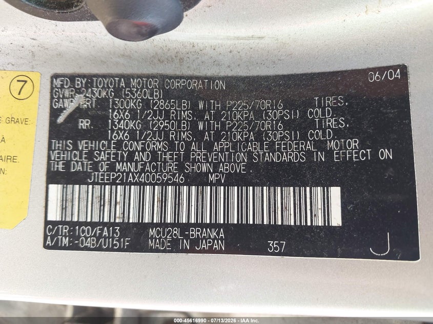 2004 Toyota Highlander VIN JTEEP21AX40059546 IAAI salvage auction — NORMAL WEAR, Clear (Illinois), sold $25 on 2026-07-29 (photo 9)