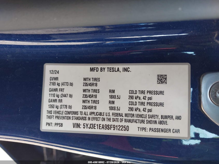 2025 Tesla Model 3 VIN 5YJ3E1EA9SF912250 IAAI salvage auction — REAR END, Salvage (Texas), sold $12,950 on 2026-09-07 (photo 9)