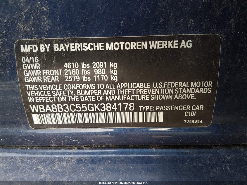2016 BMW 3er VIN WBA8B3C55GK384178 IAAI salvage auction — FRONT END, Salvage Title, sold $4,000 on 2026-08-21 (photo 9)
