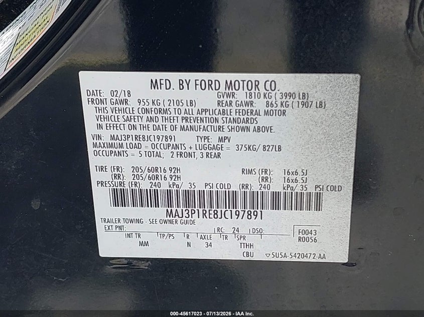 2018 Ford Ecosport VIN MAJ3P1RE8JC197891 IAAI salvage auction — ENGINE DAMAGE, Clear (Florida), sold $1,100 on 2026-07-30 (photo 9)
