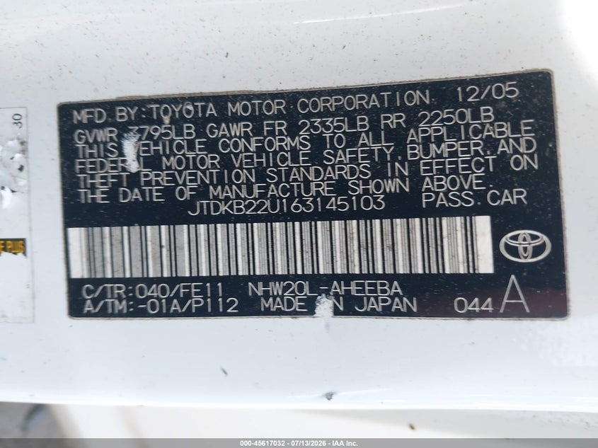 2006 Toyota Prius VIN JTDKB22U163145103 IAAI salvage auction — NORMAL WEAR, Clear (Massachusetts), sold $1,050 on 2026-08-01 (photo 9)