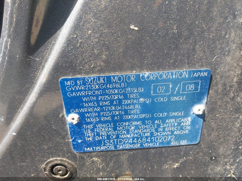 2008 Suzuki Grand vitara VIN JS3TD944684102072 IAAI salvage auction — NORMAL WEAR, Original (Ohio), sold $300 on 2026-07-28 (photo 9)