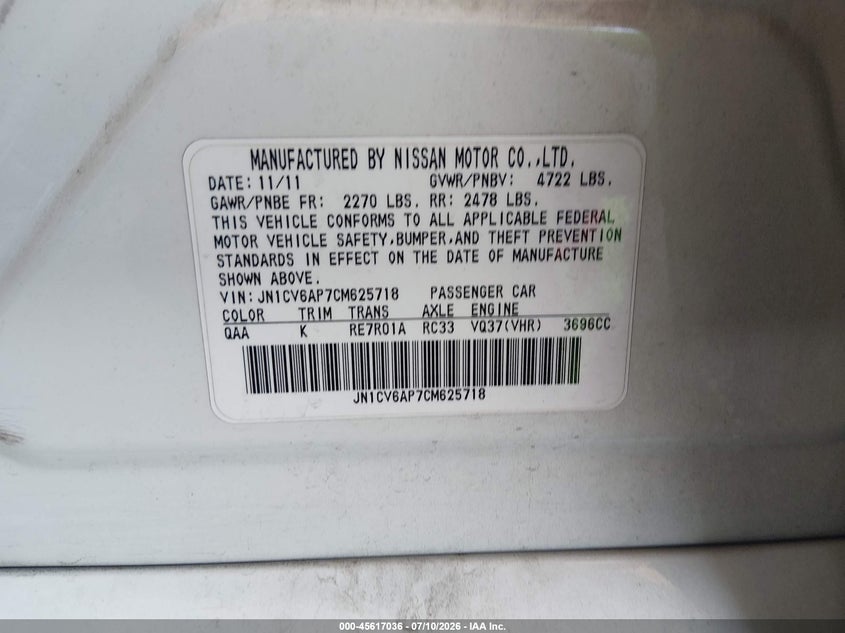 2012 Infiniti G VIN JN1CV6AP7CM625718 IAAI salvage auction — NORMAL WEAR, Clear-Dealer Only (Arizona), sold $25 on 2026-07-28 (photo 9)