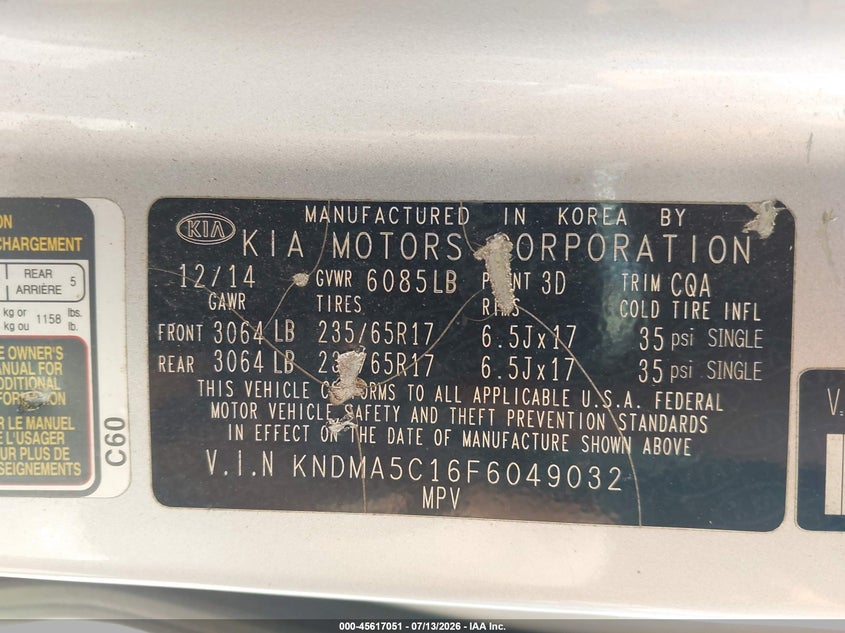 2015 Kia SEDONA VIN KNDMA5C16F6049032 IAAI salvage auction — NORMAL WEAR, Original (Texas), sold $1,300 on 2026-07-22 (photo 9)