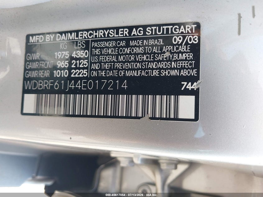 2004 Mercedes-benz C class VIN WDBRF61J44E017214 IAAI salvage auction — NORMAL WEAR, Clear (Tennessee), sold $475 on 2026-07-28 (photo 9)
