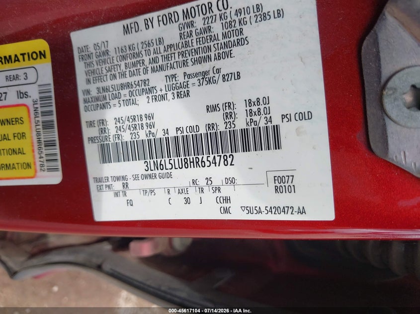 2017 Lincoln Mkz VIN 3LN6L5LU8HR654782 IAAI salvage auction — FRONT END, Salvage Title, sold $1,800 on 2026-10-08 (photo 9)