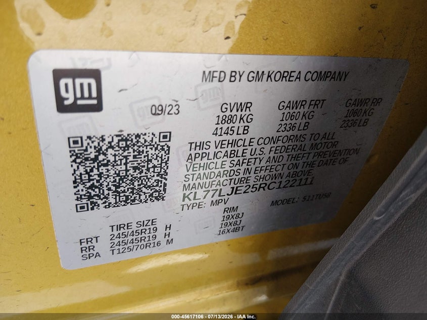 2024 Chevrolet Trax VIN KL77LJE25RC122111 IAAI salvage auction — LEFT REAR, Salvage (California), sold $5,100 on 2026-07-29 (photo 9)