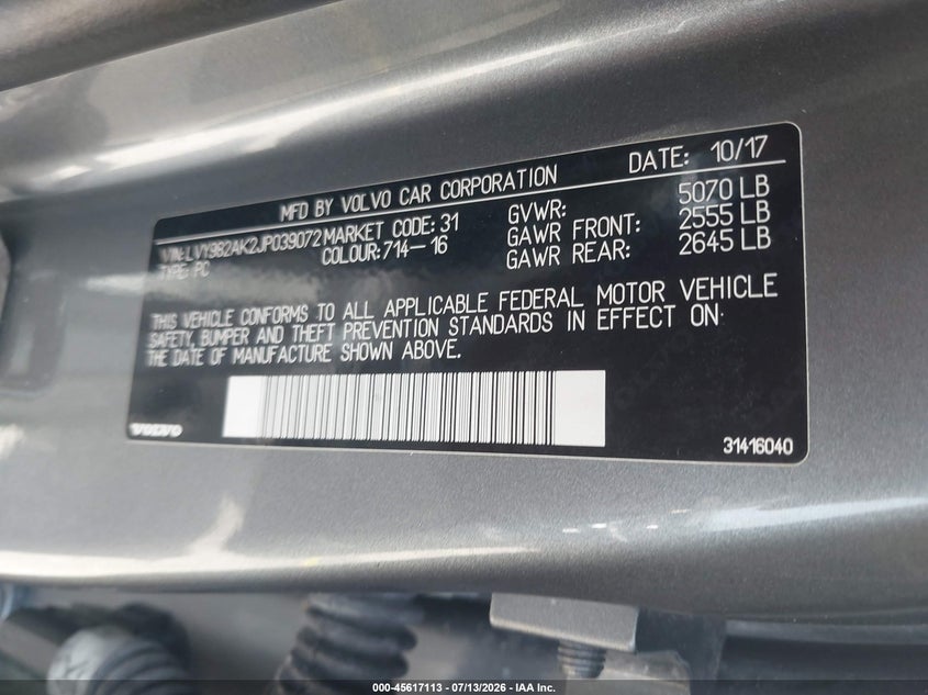 2018 Volvo S90 VIN LVY982AK2JP039072 IAAI salvage auction — FRONT END, Clear (Indiana), sold $1,750 on 2026-07-16 (photo 9)