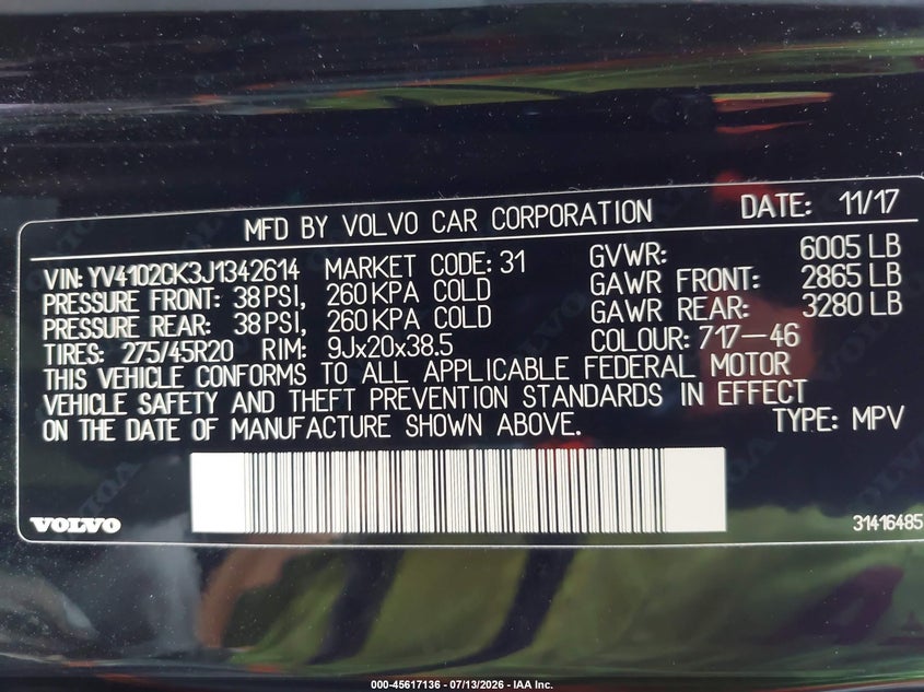 2018 Volvo Xc90 VIN YV4102CK3J1342614 IAAI salvage auction — RIGHT REAR, Salvage Title, sold $9,800 on 2026-08-08 (photo 9)