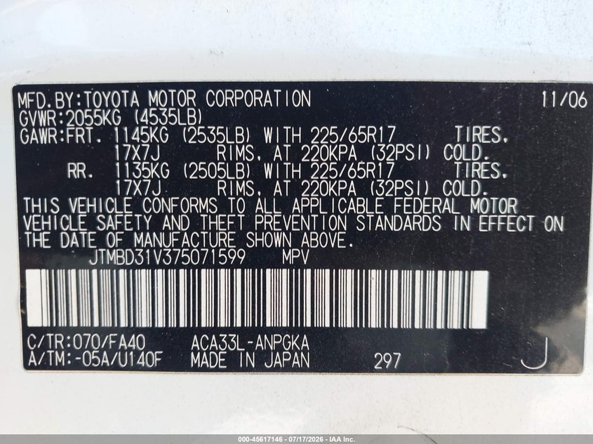 2007 Toyota Rav4 VIN JTMBD31V375071599 IAAI salvage auction — LEFT SIDE, Salvage (California), sold $2,150 on 2026-07-29 (photo 9)