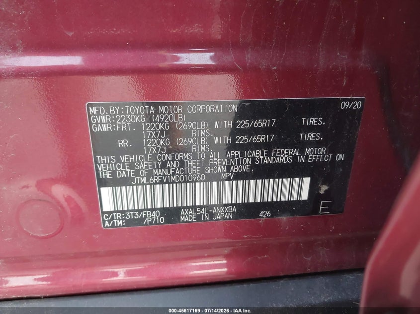 2021 Toyota Rav 4 VIN JTML6RFV1MD010960 IAAI salvage auction — REAR END, Mv-907A (New York), sold $8,700 on 2026-08-22 (photo 9)
