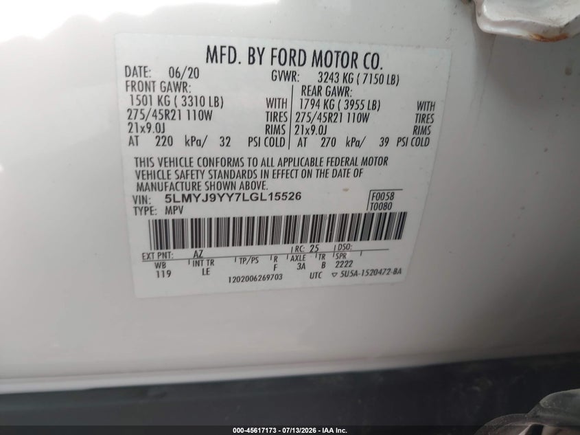 2020 Lincoln Aviator VIN 5LMYJ9YY7LGL15526 IAAI salvage auction — UNKNOWN, Salvage Title, sold $20,000 on 2026-07-23 (photo 9)