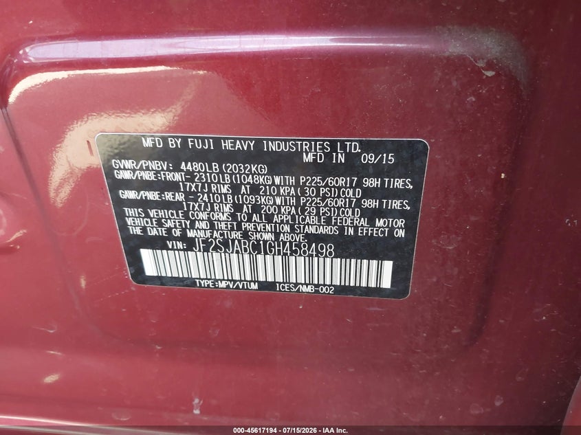 2016 Subaru Forester VIN JF2SJABC1GH458498 IAAI salvage auction — REAR END, Salvage (California), sold $1,850 on 2026-07-22 (photo 9)