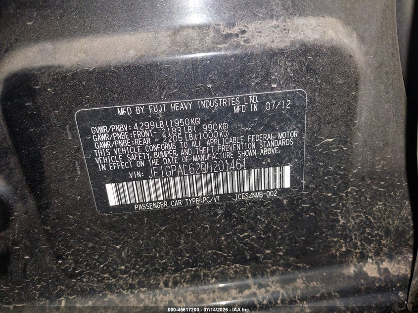 2013 Subaru Impreza VIN JF1GPAL62DH201461 IAAI salvage auction — FRONT & REAR, Wait Title, sold $825 on 2026-09-08 (photo 9)