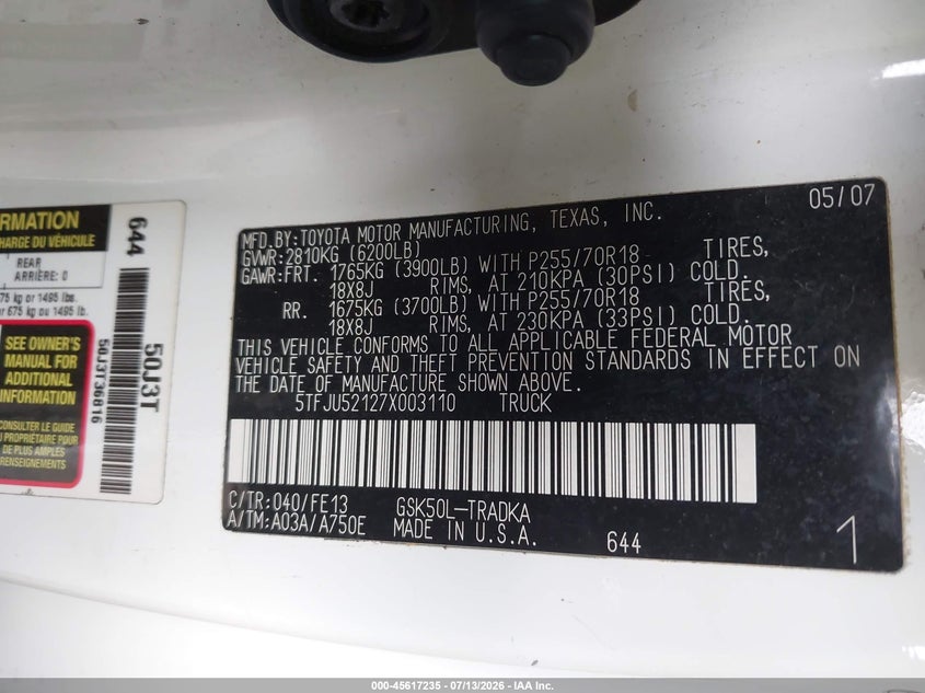 2007 Toyota Tundra VIN 5TFJU52127X003110 IAAI salvage auction — REAR END, Salvage (California), sold $2,400 on 2026-07-28 (photo 9)