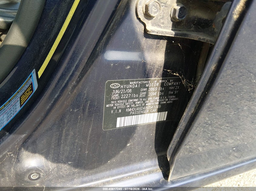 2008 Hyundai Elantra VIN KMHDU46D48U541009 IAAI salvage auction — NORMAL WEAR, Clear (Missouri), sold $25 on 2026-07-23 (photo 9)