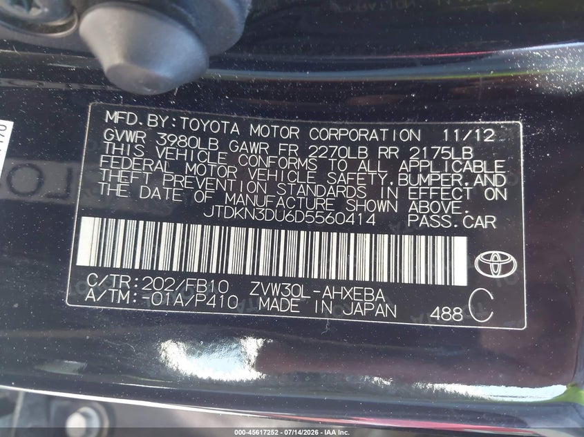 2013 Toyota Prius VIN JTDKN3DU6D5560414 IAAI salvage auction — FRONT END, Salvage (California), sold $2,075 on 2026-07-22 (photo 9)