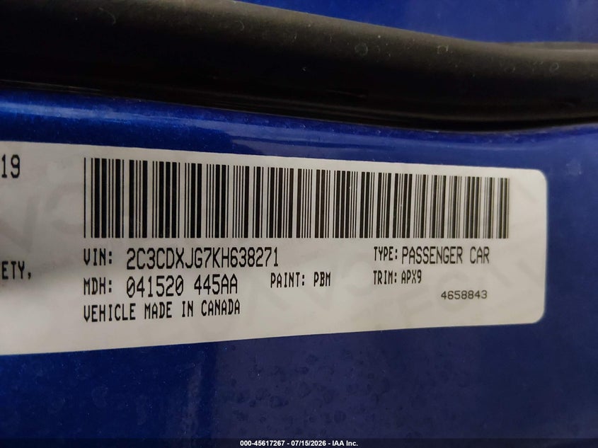 2019 Dodge Charger VIN 2C3CDXJG7KH638271 IAAI salvage auction — FRONT END, Wait Title, sold $6,150 on 2026-09-01 (photo 9)