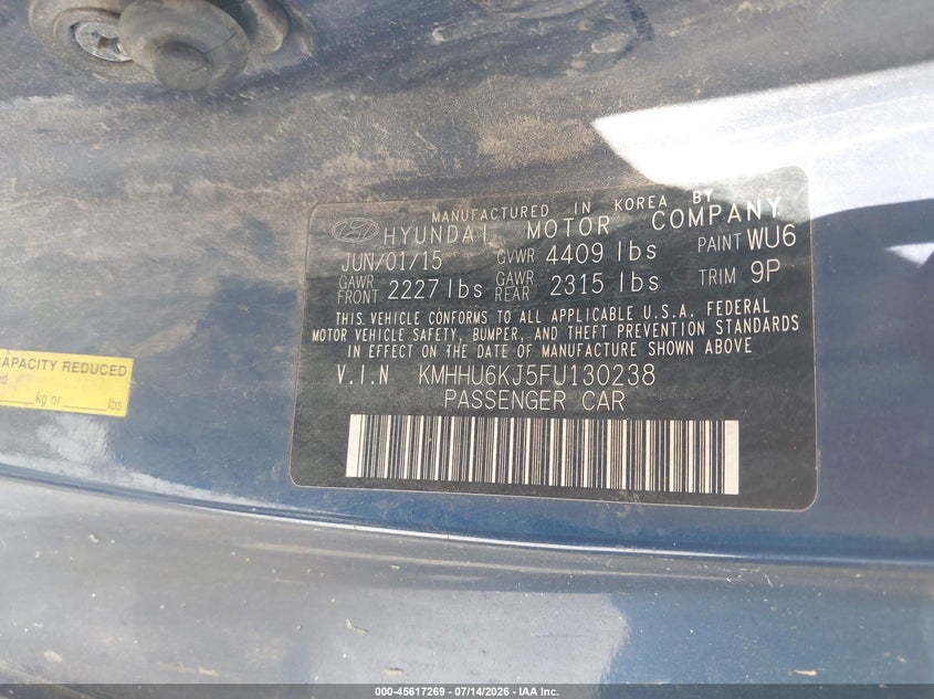 2015 Hyundai Genesis VIN KMHHU6KJ5FU130238 IAAI salvage auction — NORMAL WEAR, Clear (Florida), sold $425 on 2026-07-30 (photo 9)