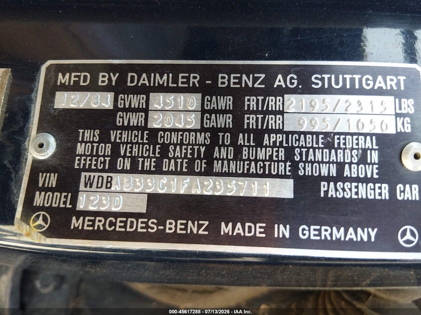 1985 Mercedes-benz 300 VIN WDBAB33C1FA235711 IAAI salvage auction — NORMAL WEAR, Clear (Washington), sold $125 on 2026-07-22 (photo 9)