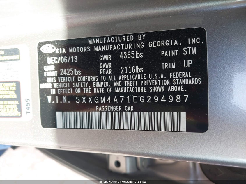 2014 Kia Optima VIN 5XXGM4A71EG294987 IAAI salvage auction — FRONT END, Salvage (North Carolina), sold $750 on 2026-07-30 (photo 9)