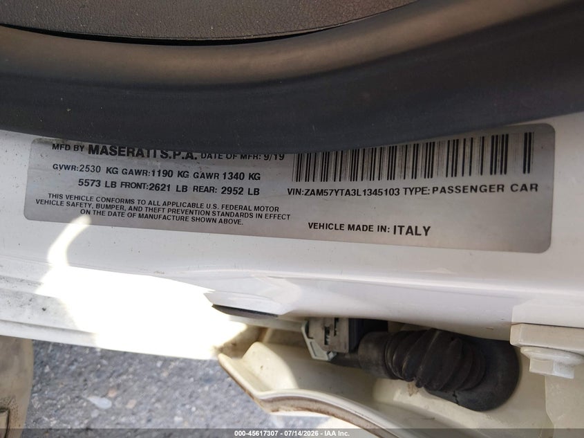 2020 Maserati Ghibli VIN ZAM57YTA3L1345103 IAAI salvage auction — SIDE, Wait Title, sold $11,450 on 2026-08-14 (photo 9)