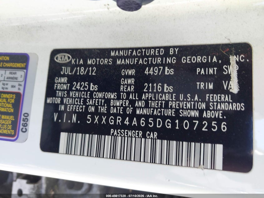 2013 Kia Optima VIN 5XXGR4A65DG107256 IAAI salvage auction — NORMAL WEAR, Clear - Dealer Only (California), sold $325 on 2026-07-29 (photo 9)