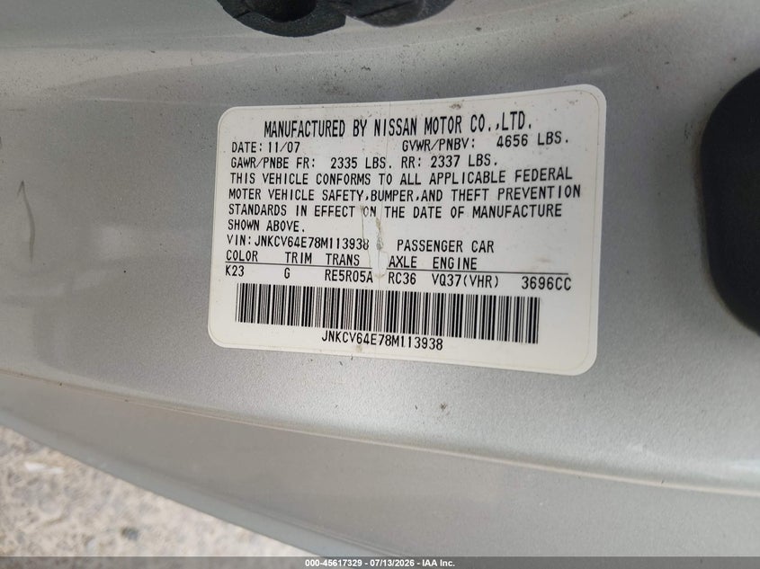 2008 Infiniti G VIN JNKCV64E78M113938 IAAI salvage auction — RIGHT SIDE, Salvage (California), sold $800 on 2026-07-29 (photo 9)