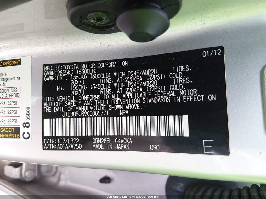 2012 Toyota 4runner VIN JTEBU5JR9C5085771 IAAI salvage auction — LEFT FRONT, Original (New Hampshire), sold $9,250 on 2026-07-29 (photo 9)