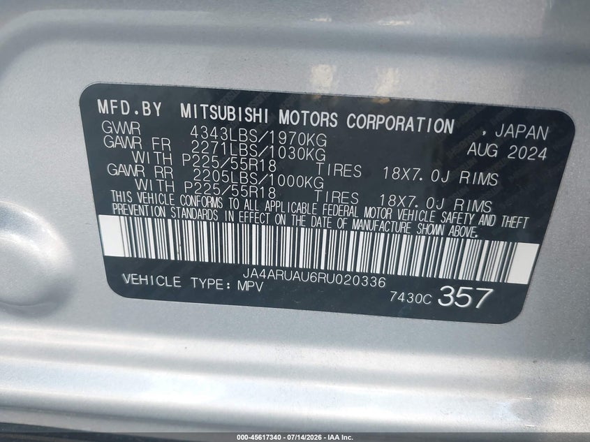 2024 Mitsubishi Outlander VIN JA4ARUAU6RU020336 IAAI salvage auction — FRONT END, Clear (Arkansas), sold $2,050 on 2026-07-22 (photo 9)