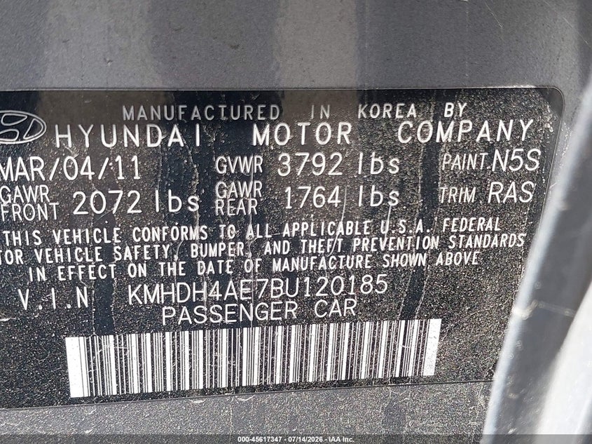 2011 Hyundai Elantra VIN KMHDH4AE7BU120185 IAAI salvage auction — REAR END, Salvage (California), sold $650 on 2026-07-23 (photo 9)