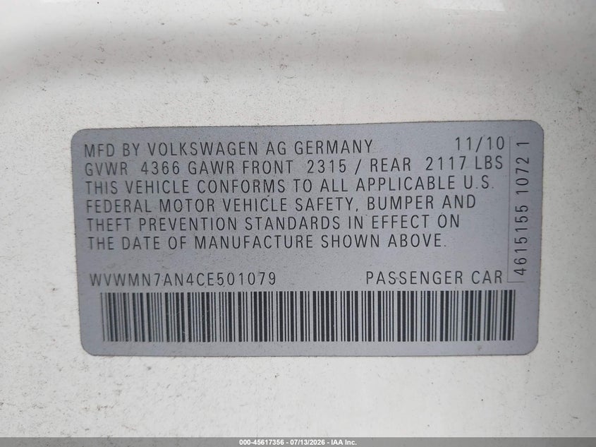 2012 Volkswagen Passat cc VIN WVWMN7AN4CE501079 IAAI salvage auction — NORMAL WEAR, Salvage (South Carolina), sold $350 on 2026-07-29 (photo 9)