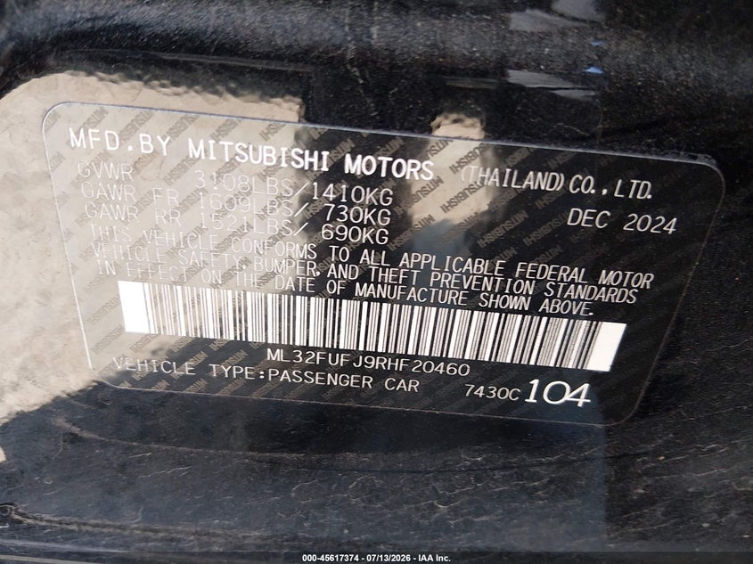 2024 Mitsubishi Mirage VIN ML32FUFJ9RHF20460 IAAI salvage auction — FRONT END, Enterprise Vehicle Bill Of Sale (Washington), sold $425 on 2026-07-22 (photo 9)