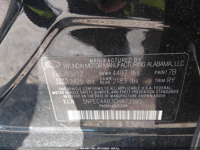 2012 Hyundai Sonata VIN 5NPEC4AB3CH473595 IAAI salvage auction — NORMAL WEAR, Clear (New Jersey), sold $450 on 2026-07-28 (photo 9)