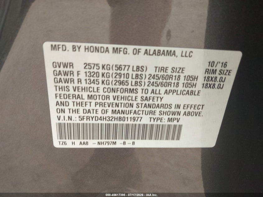2017 Acura Mdx VIN 5FRYD4H32HB011977 IAAI salvage auction — FRONT END, Salvage Title, sold $3,050 on 2026-08-01 (photo 9)