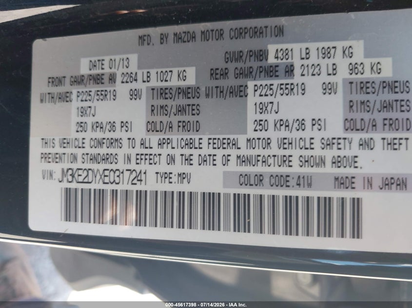 2014 Mazda Cx-5 VIN JM3KE2DYXE0317241 IAAI salvage auction — NORMAL WEAR, Clear - Public Restricted (Oklahoma), sold $625 on 2026-07-29 (photo 9)