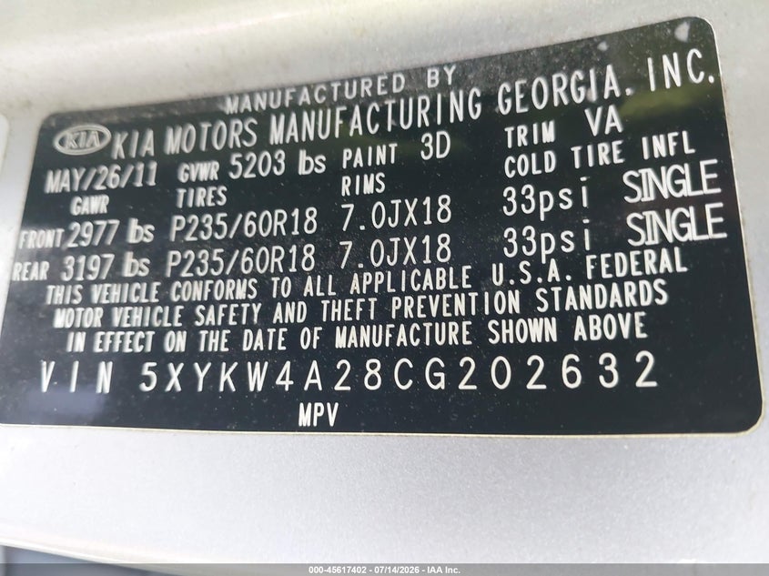 2012 Kia Sorento VIN 5XYKW4A28CG202632 IAAI salvage auction — FRONT END, Salvage Title, sold $1,650 on 2026-08-02 (photo 9)