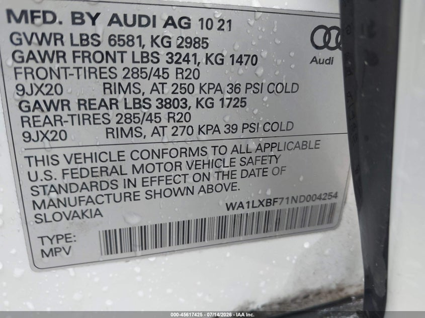2022 Audi Q7 VIN WA1LXBF71ND004254 IAAI salvage auction — SIDE, Salvage (Texas), sold $5,900 on 2026-07-30 (photo 9)