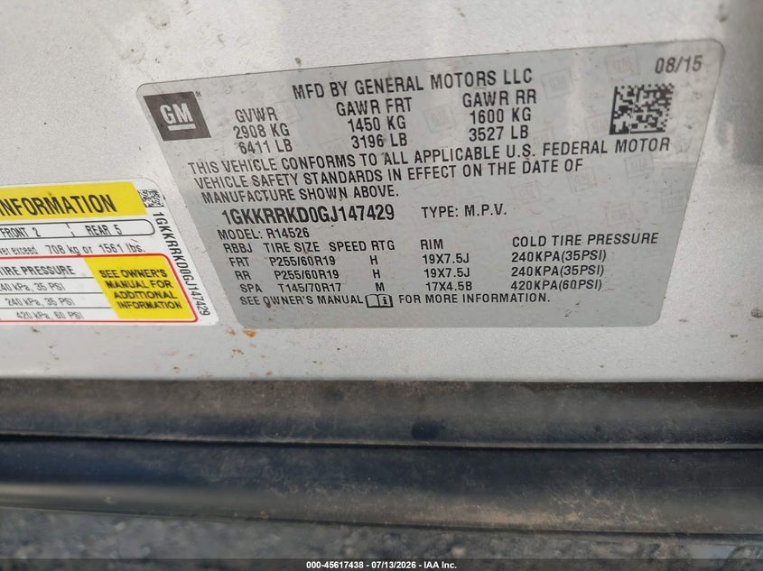 2016 Gmc Acadia VIN 1GKKRRKD0GJ147429 IAAI salvage auction — NORMAL WEAR, Clear (Wisconsin), sold $500 on 2026-07-26 (photo 9)