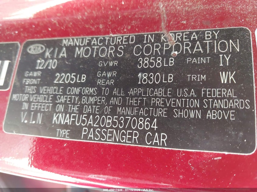 2011 Kia Forte VIN KNAFU5A20B5370864 IAAI salvage auction — FRONT END, Clear (Virginia), sold $400 on 2026-07-29 (photo 9)