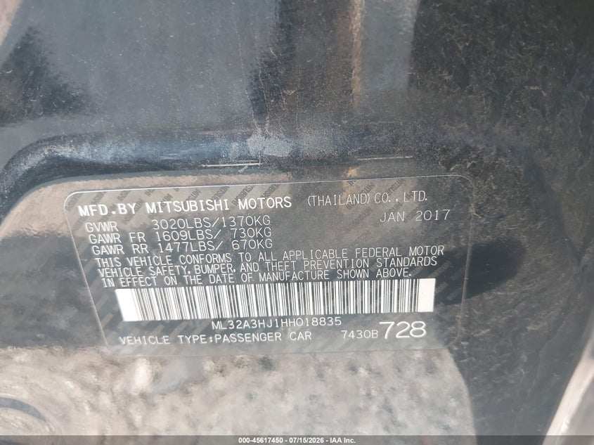 2017 Mitsubishi Mirage VIN ML32A3HJ1HH018835 IAAI salvage auction — FRONT END, Salvage Title, sold $575 on 2026-09-03 (photo 9)