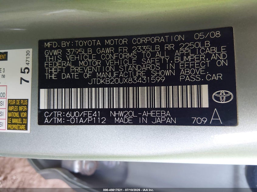 2008 Toyota Prius VIN JTDKB20UX83431599 IAAI salvage auction — NORMAL WEAR, Clear-Dealer Only (Arizona), sold $525 on 2026-07-28 (photo 9)