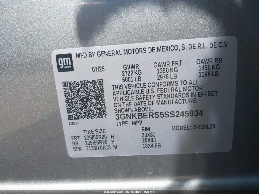 2025 Chevrolet Blazer VIN 3GNKBERS5SS245934 IAAI salvage auction — ENGINE DAMAGE, Salvage Title, sold $18,200 on 2026-07-22 (photo 9)
