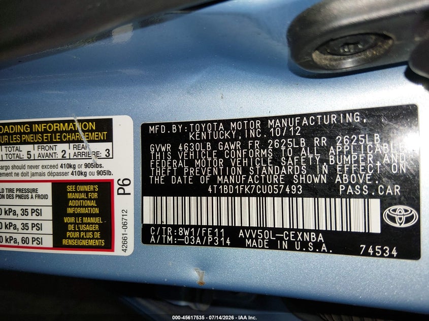 2012 Toyota Camry VIN 4T1BD1FK7CU057493 IAAI salvage auction — RIGHT FRONT, Salvage Title, sold $1,750 on 2026-08-09 (photo 9)